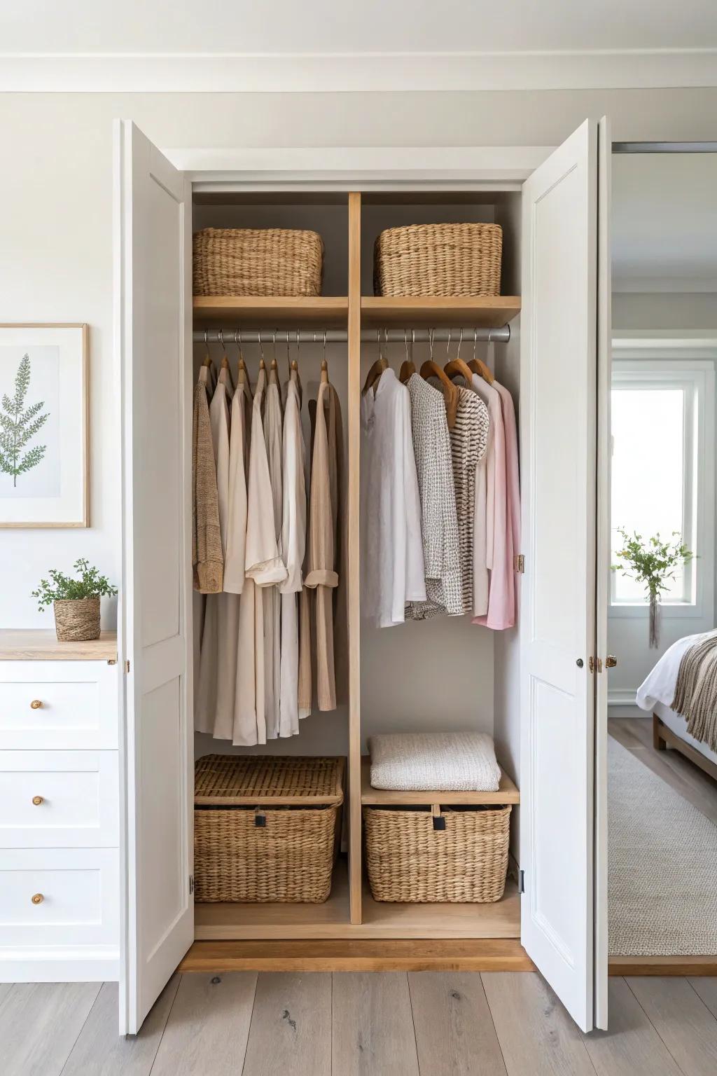 Doorless double closet + matching hangers and bins makes a small room feel instantly bigger.