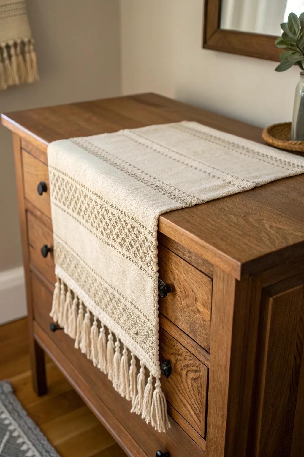 A slim woven runner adds instant texture to your dresser top—and hides tiny scratches beautifully.