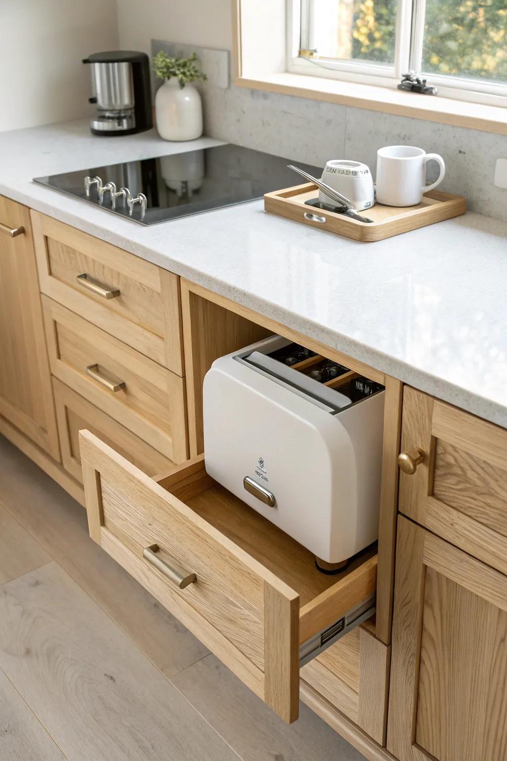 A wide appliance drawer hides toaster and blender—instantly making tiny counters feel bigger.