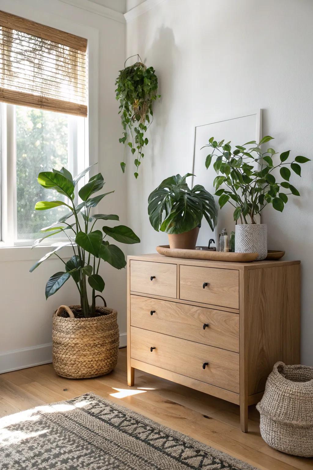 Turn your living room dresser into a plant buffet with mixed heights and a trailing cascade.