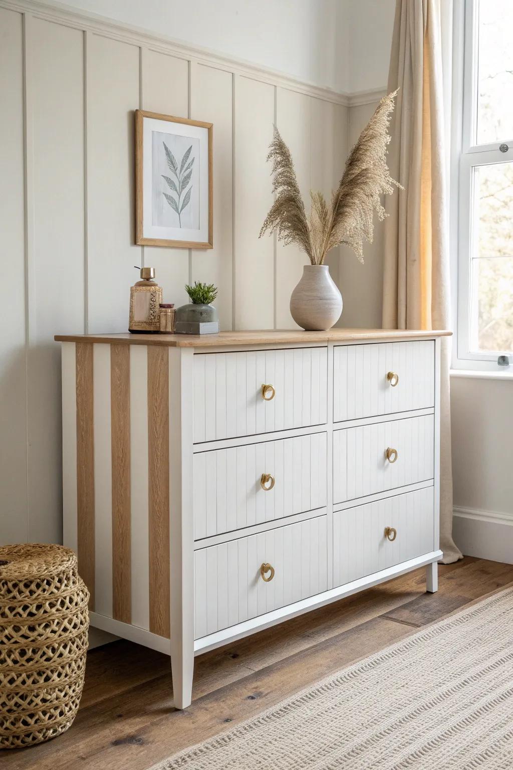 Vertical stripes on a short dresser draw the eye up—instantly making it feel taller.