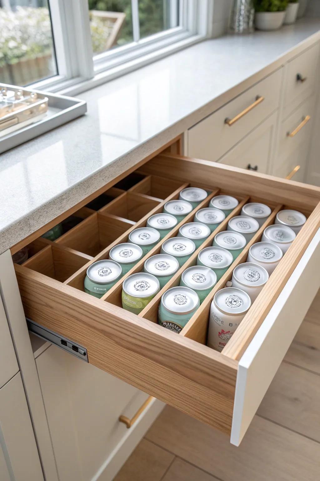 See every can at a glance with a sleek drawer organizer—no more duplicates in small kitchens.