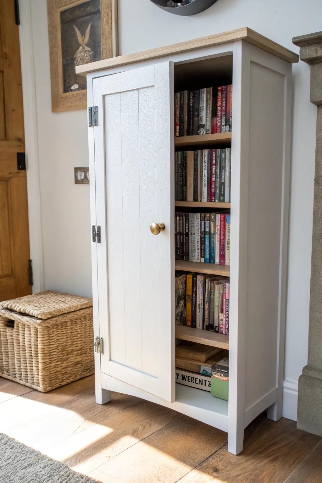 A shallow hallway cabinet makes perfect, space-saving DVD storage—neat, slim, and stylish.