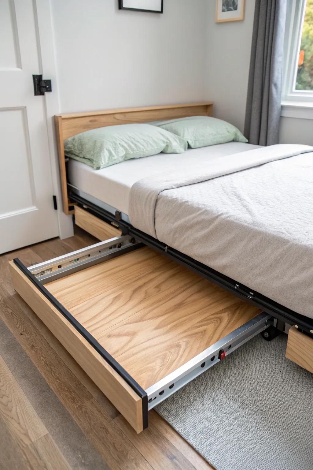 Slide-out E-track bed extension: small footprint by day, wider sleep surface by night.