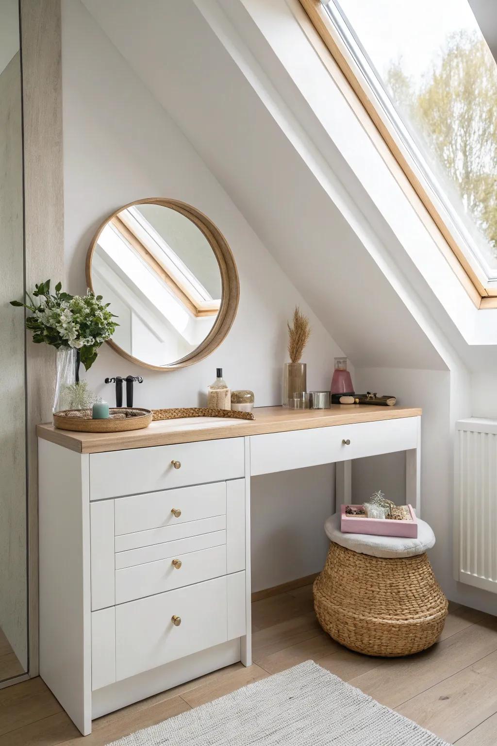 Turn awkward eaves into a chic mini vanity—built-in cabinets keep beauty essentials neatly tucked away.