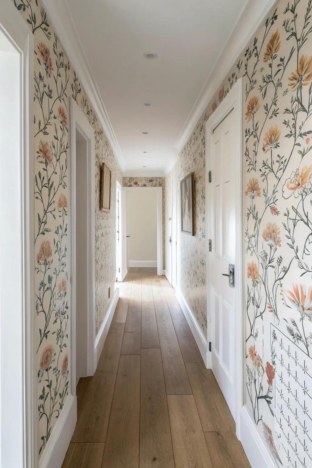 Renter-friendly peel-and-stick wallpaper makes the end of a hallway feel styled and intentional.