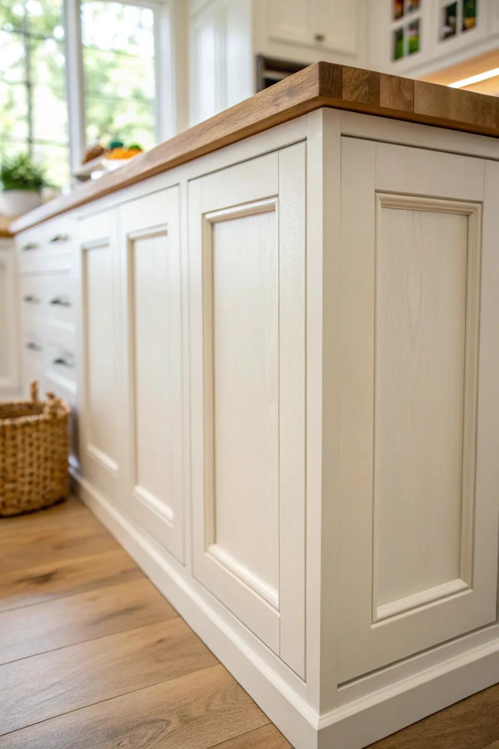 Add simple trim to a cabinet end panel for a custom, textured look—no storage space lost.