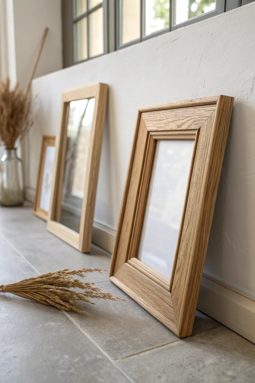 A calm, matching gallery wall starts with one warm oak frame at eye level.