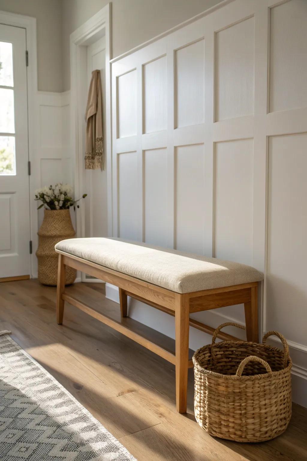 Removable wainscoting behind a slim bench adds custom character—no floor space required.