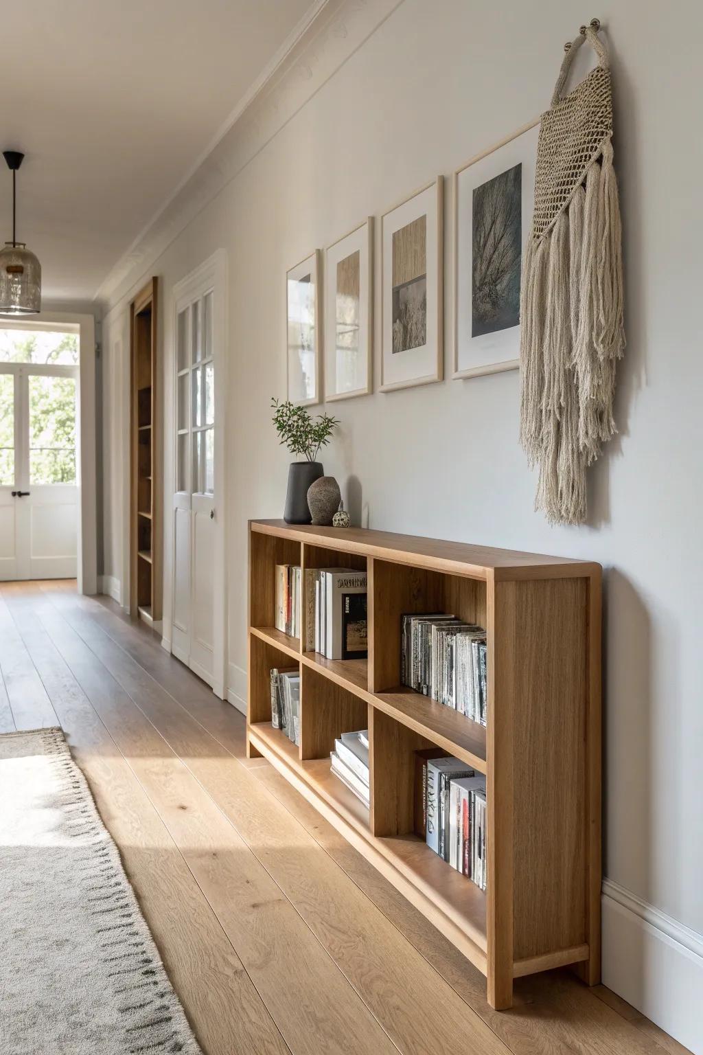 Extra-shallow oak shelves turn a narrow entry corridor into a chic, bump-free hallway library.