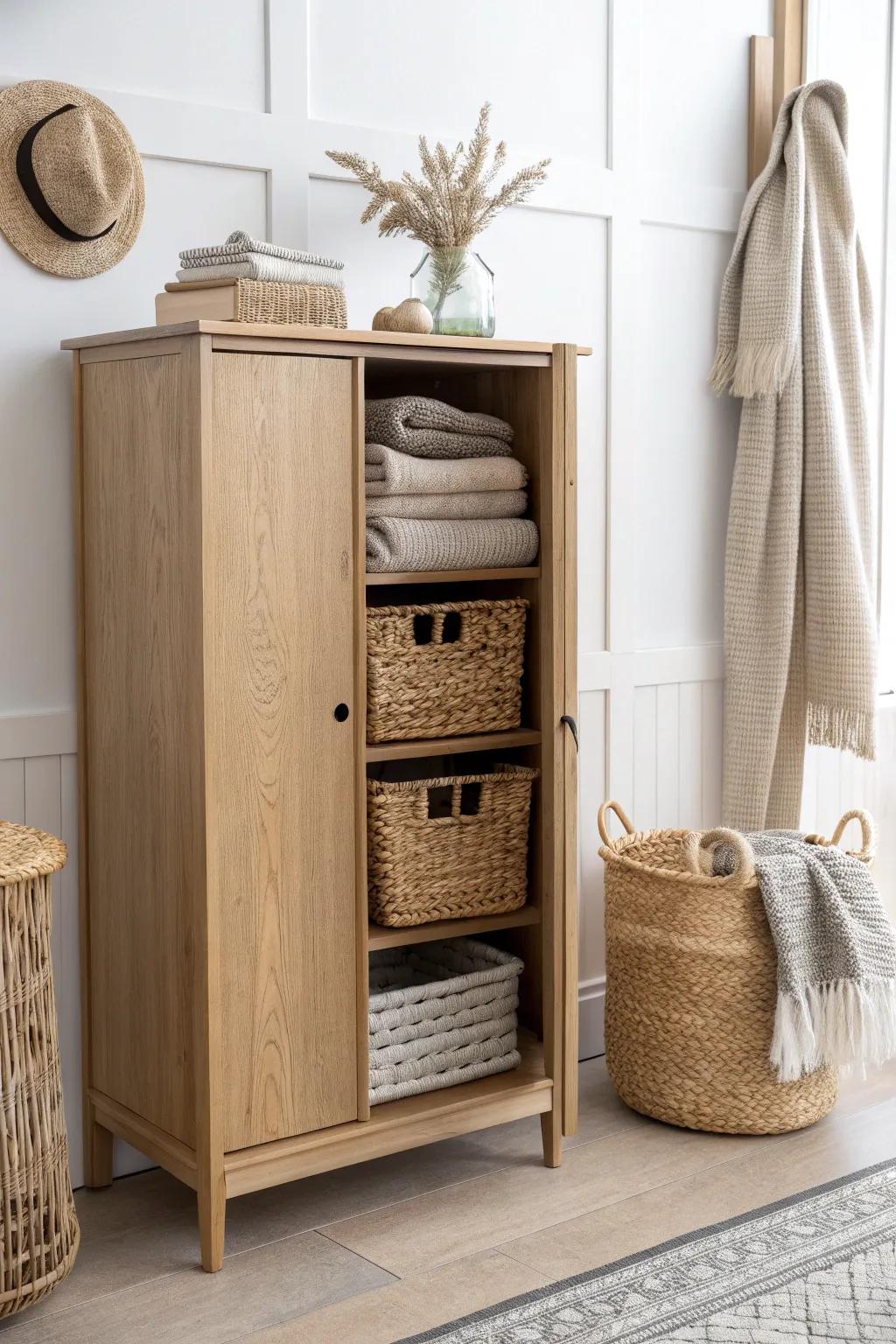Woven baskets inside your entryway cabinet keep hats and gloves tidy—and easy to swap seasonally.