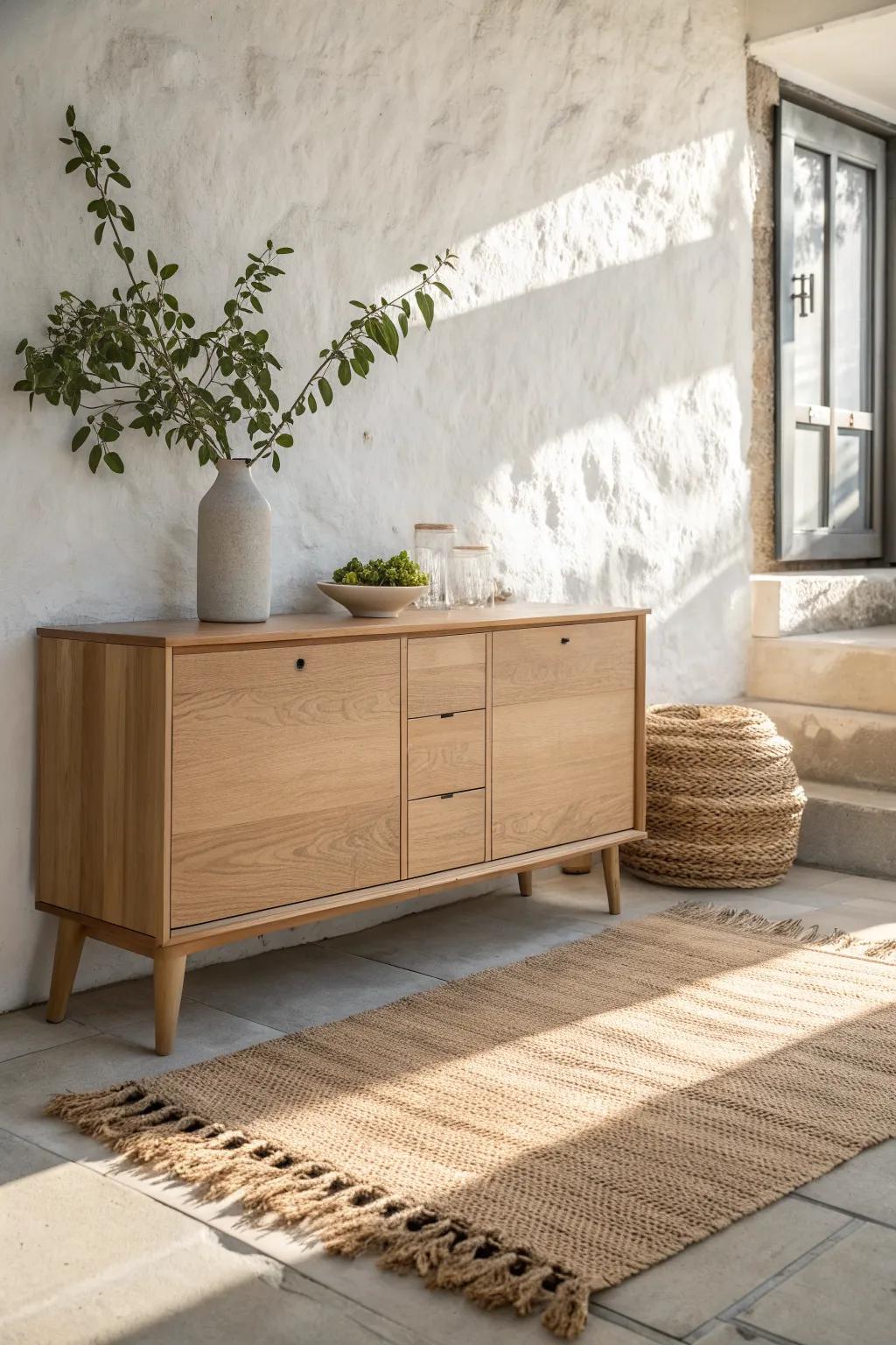 A jute runner under a slim entryway chest instantly defines a calm, tidy “zone.”
