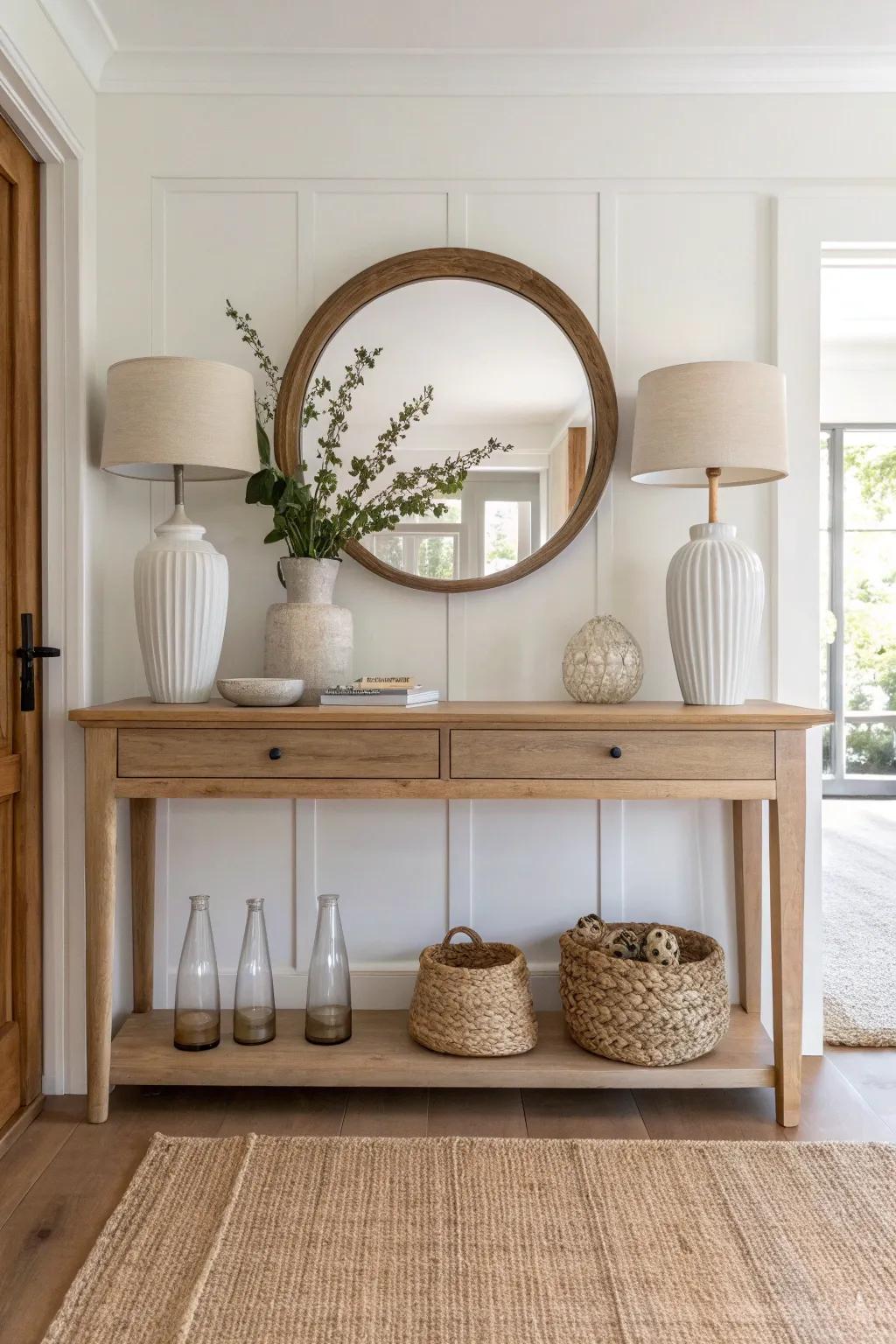 Symmetrical console styling with matching pieces creates a calm, classic entryway in minutes.