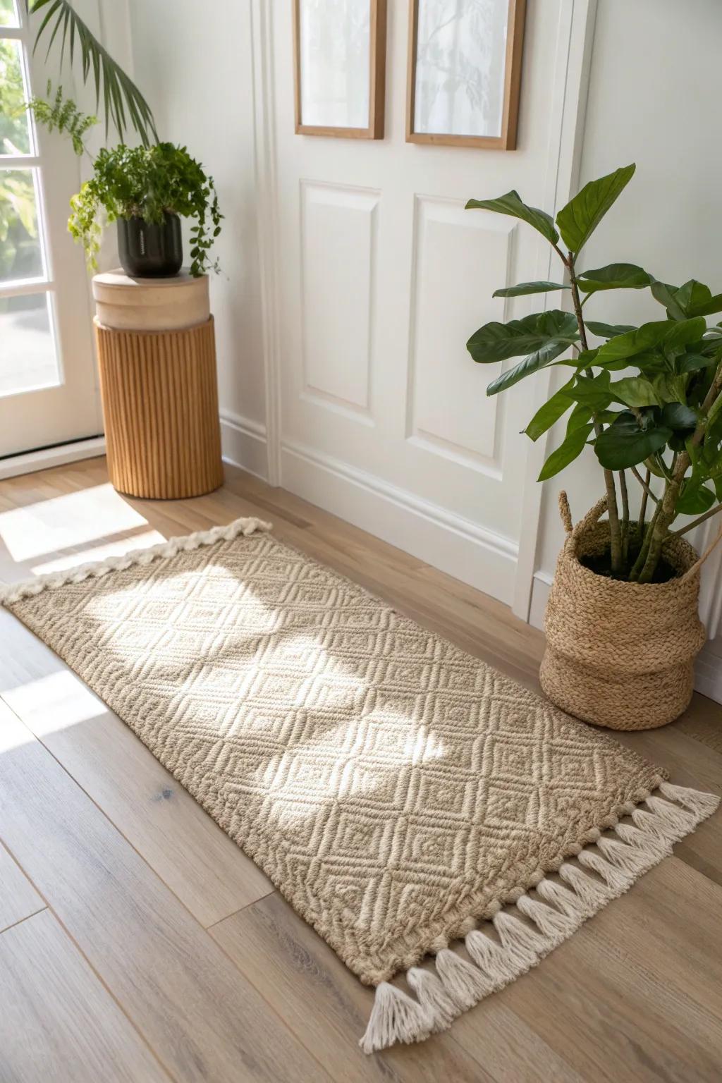 A small corner rug “draws the box” for shoes—instantly creating a calm, defined landing zone.