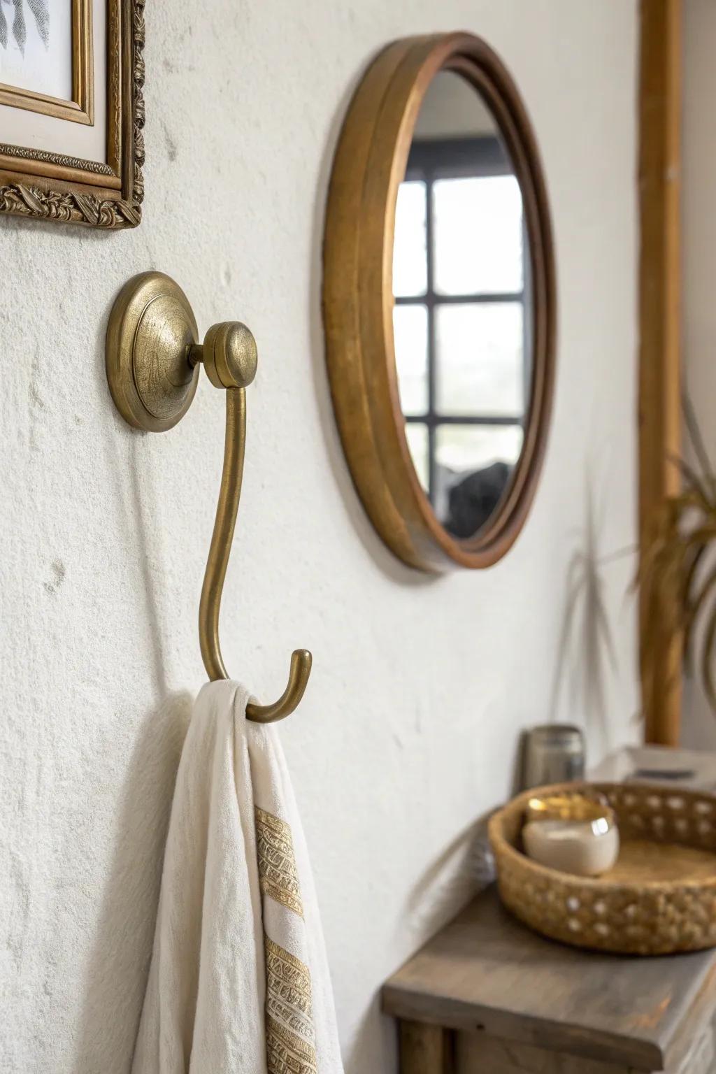 One bold brass hook—matched to mirror and tray—makes a tiny entry feel instantly designed.