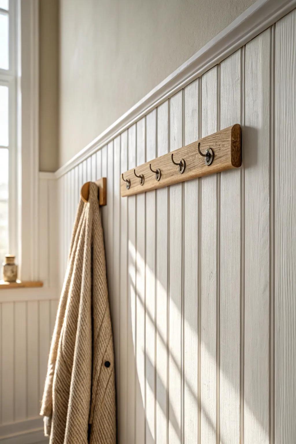 Slat paneling behind hooks keeps entry walls scuff-free—and looks beautifully finished.