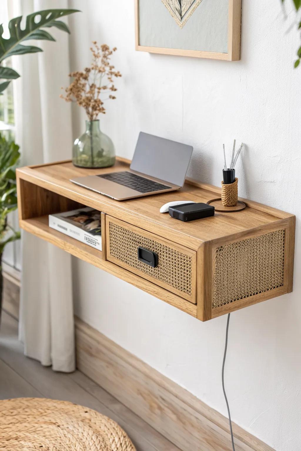 Floating entryway desk + hidden cable channel = a calm tech corner the moment you walk in