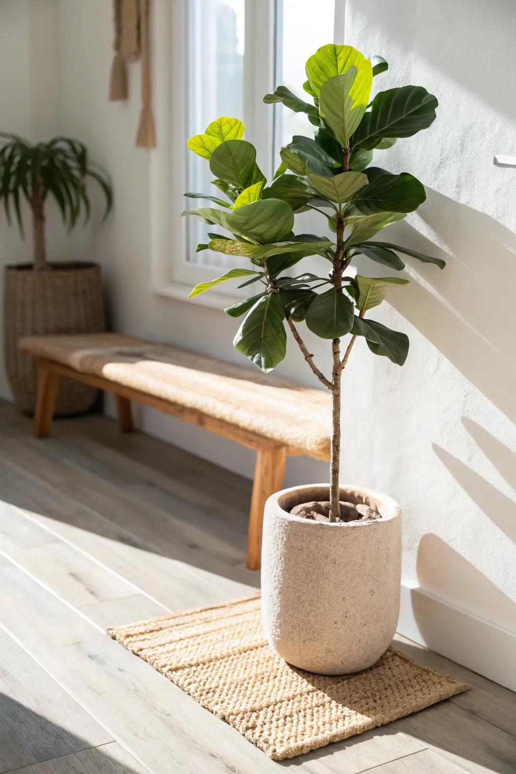 A leafy plant beside your entry bench instantly softens lines and makes the space feel welcoming.