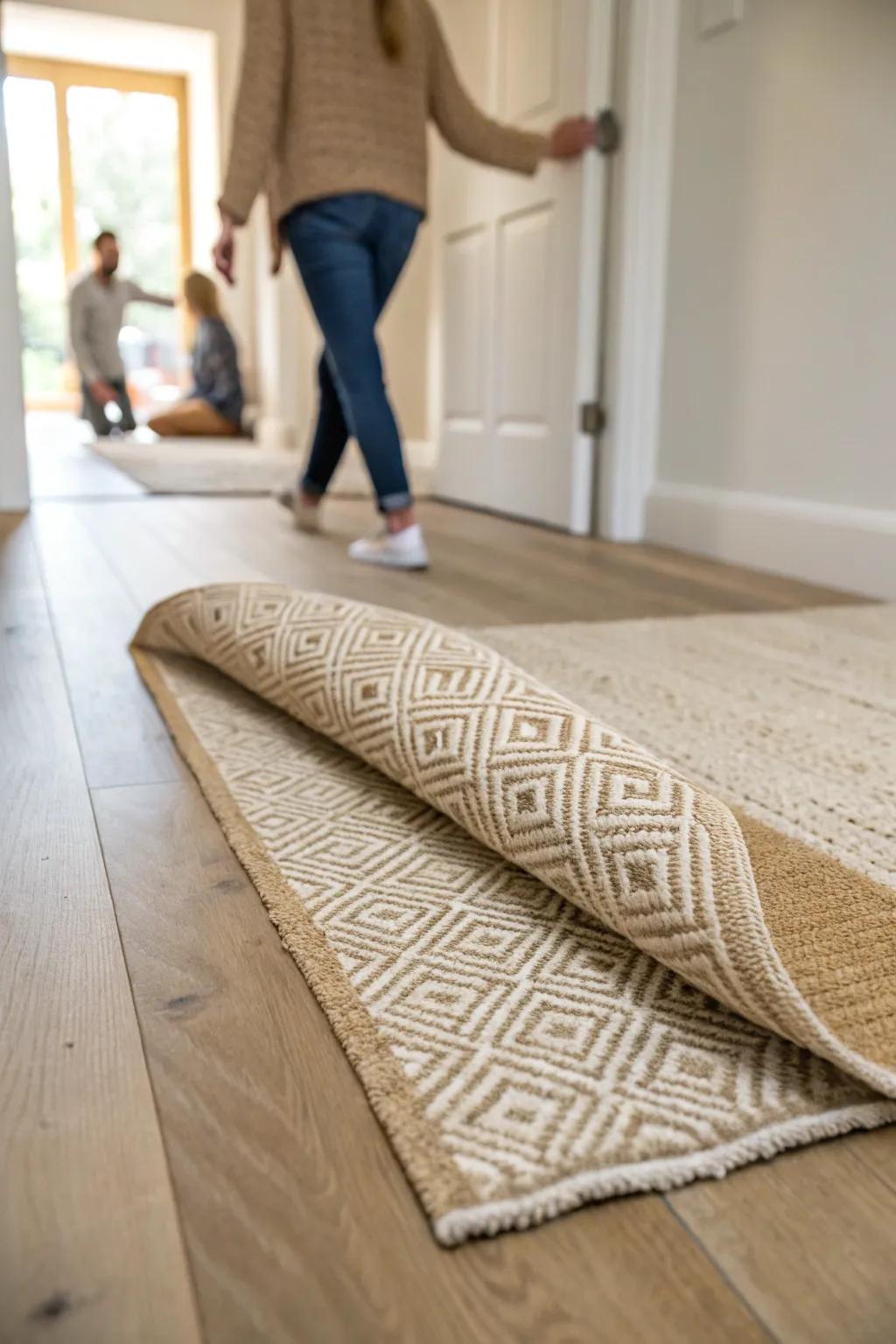 A rug pad under your entryway runner keeps it quiet, aligned, and safely slip-free.