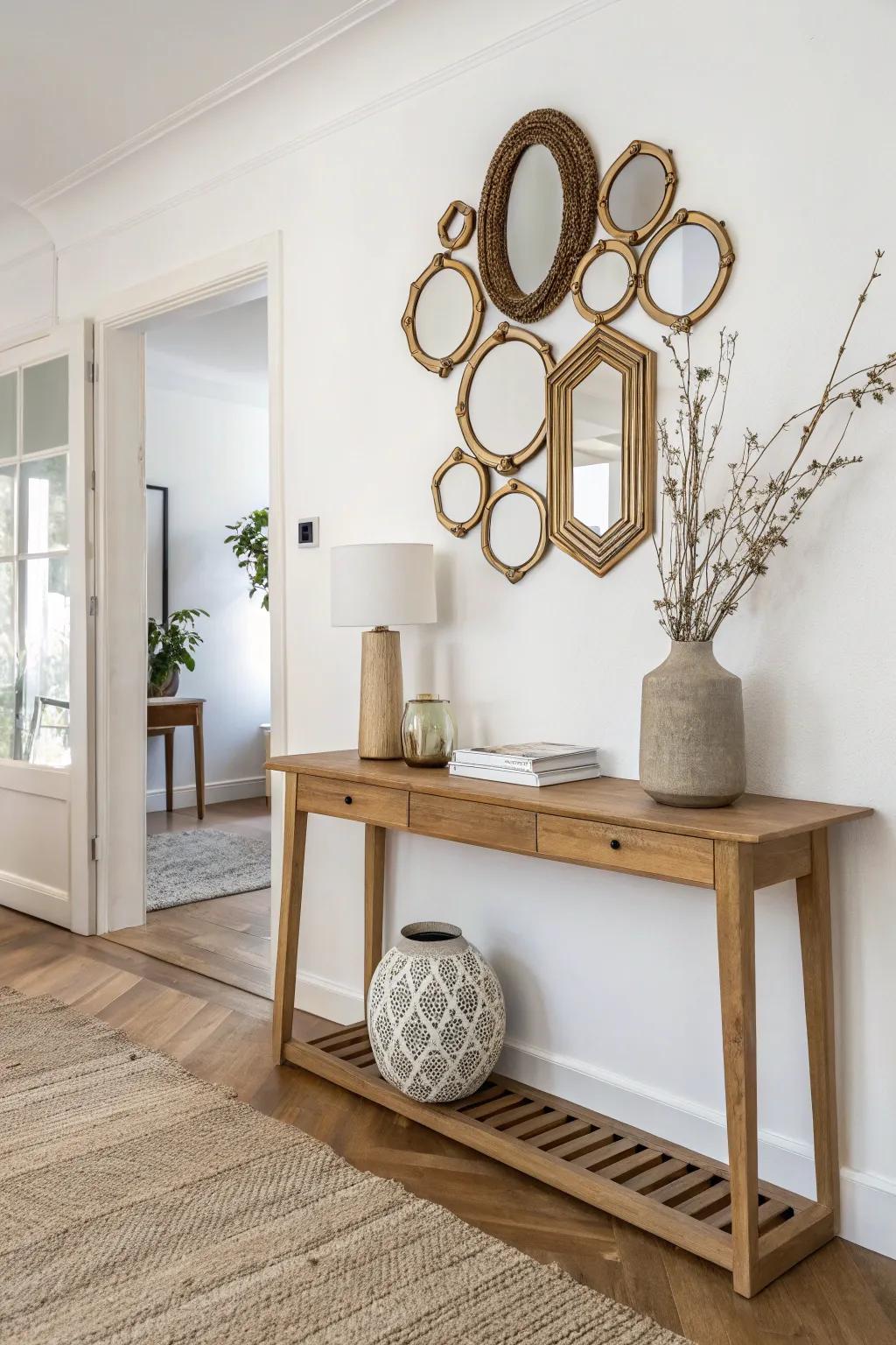 A mirror gallery above a slim oak console—minimal styling that feels like functional wall art.