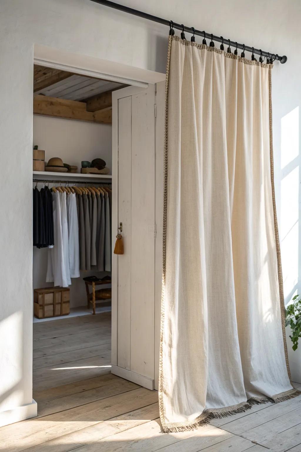 One linen curtain panel instantly hides an exposed closet—soft, simple, studio-friendly.