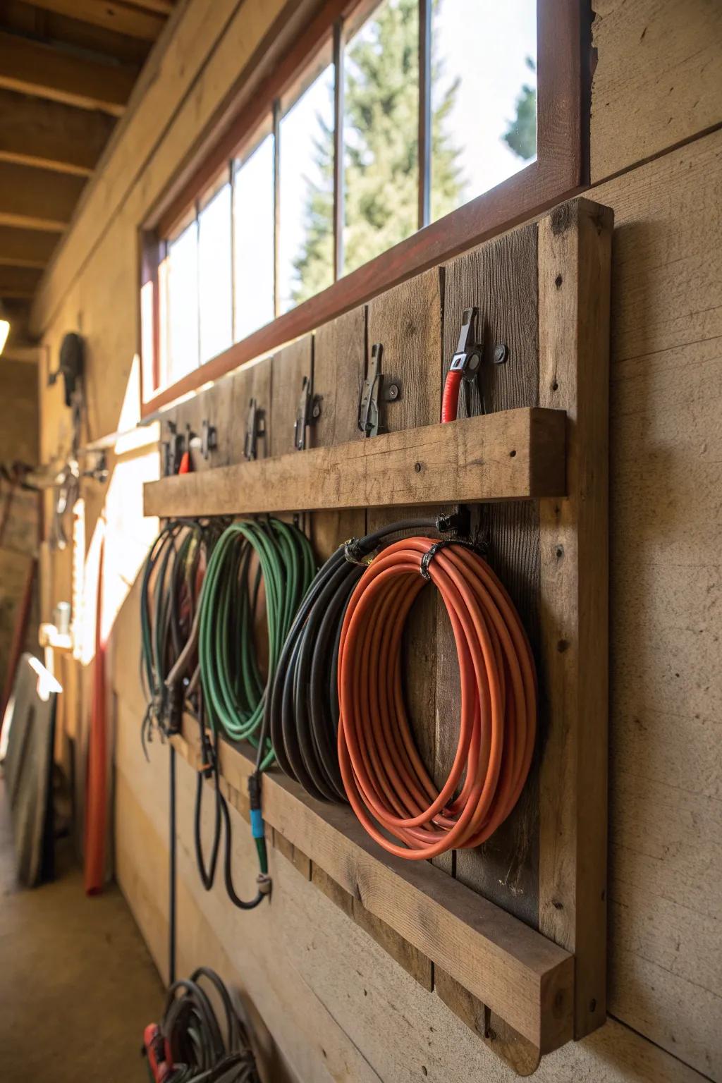 Elevate your space with a handcrafted custom cord rack that marries functionality with rustic elegance.