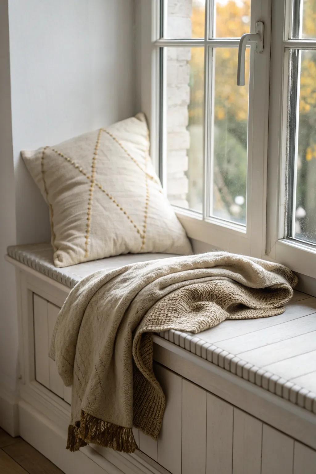 A cozy fall window nook: linen cushion, chunky throw, warm light—small-space zoning magic.