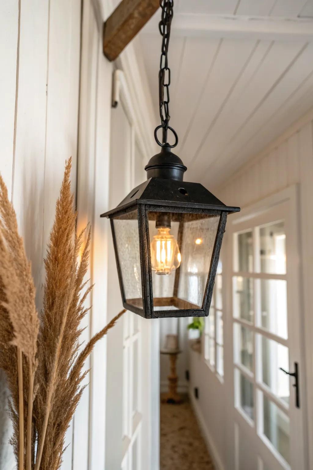 Warm lantern-style iron pendant brings cozy farmhouse glow to a narrow, minimalist hallway.