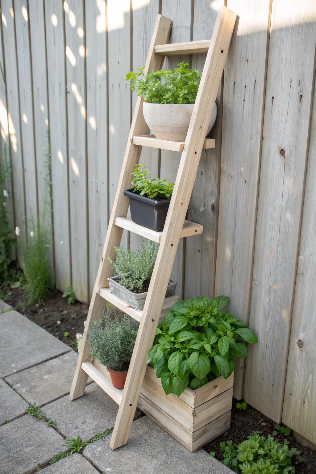 Elevate your garden with a chic tiered ladder planter, perfect for herbs that thrive in different light levels. 🌿✨ #MinimalistGarden #ScandiBoho