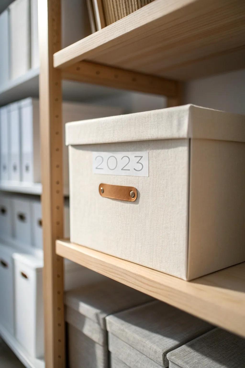 Archive paperwork by year in matching boxes—stack them high to keep small closets clutter-free.