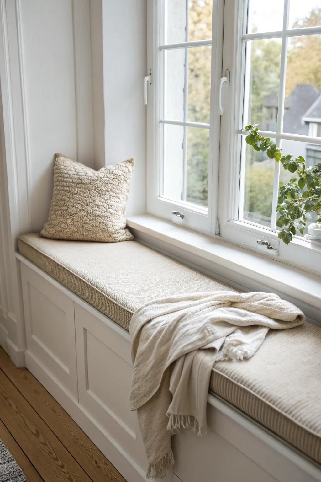 Turn a deep window ledge into a cozy reading perch with a fitted cushion and soft throw.