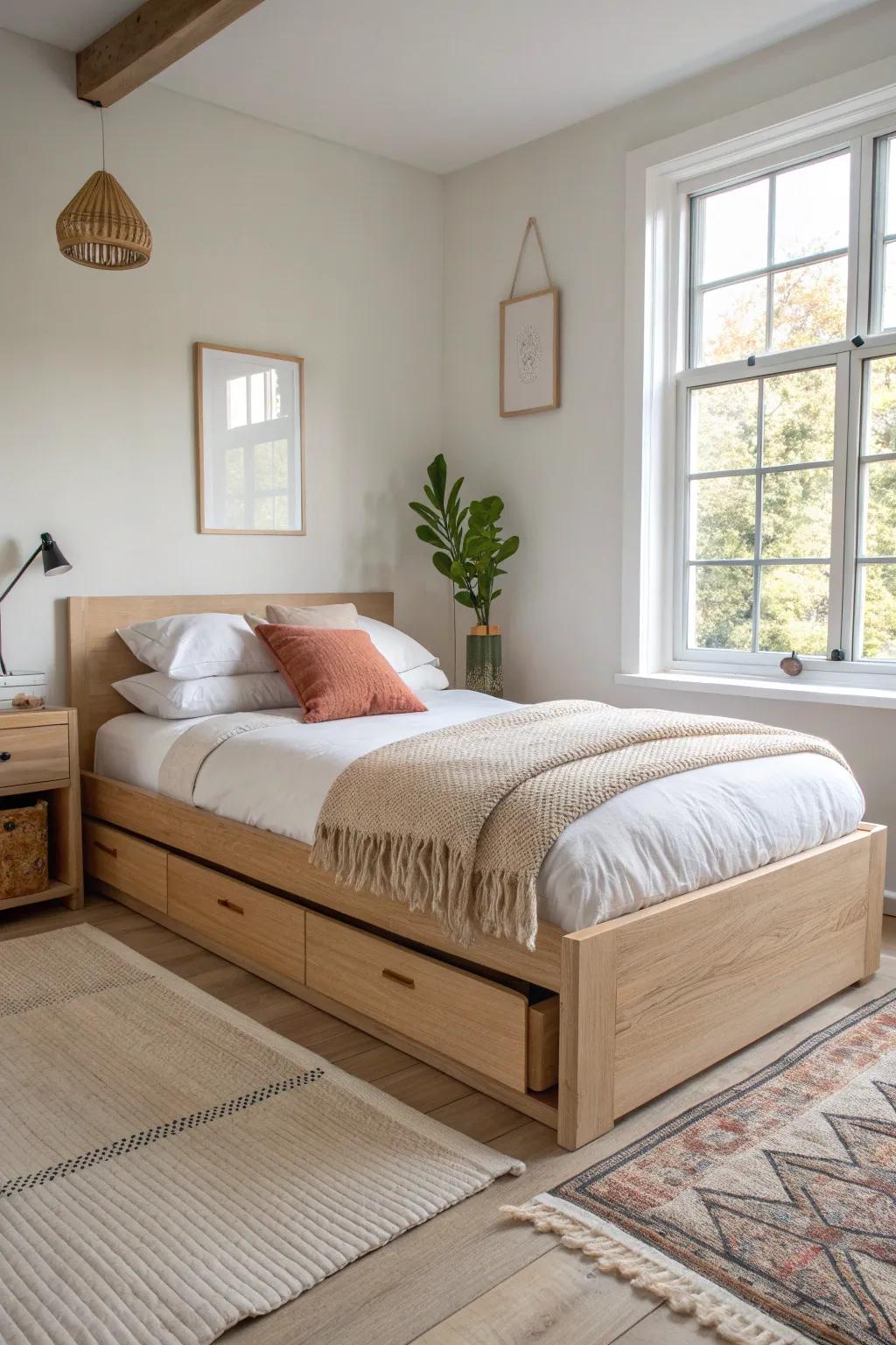 Floating bed look, real storage: recessed drawers keep the shadow line clean in small bedrooms.