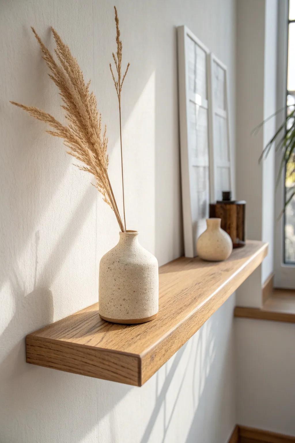 A single handmade vase on a floating oak shelf—minimal styling with calming breathing room.