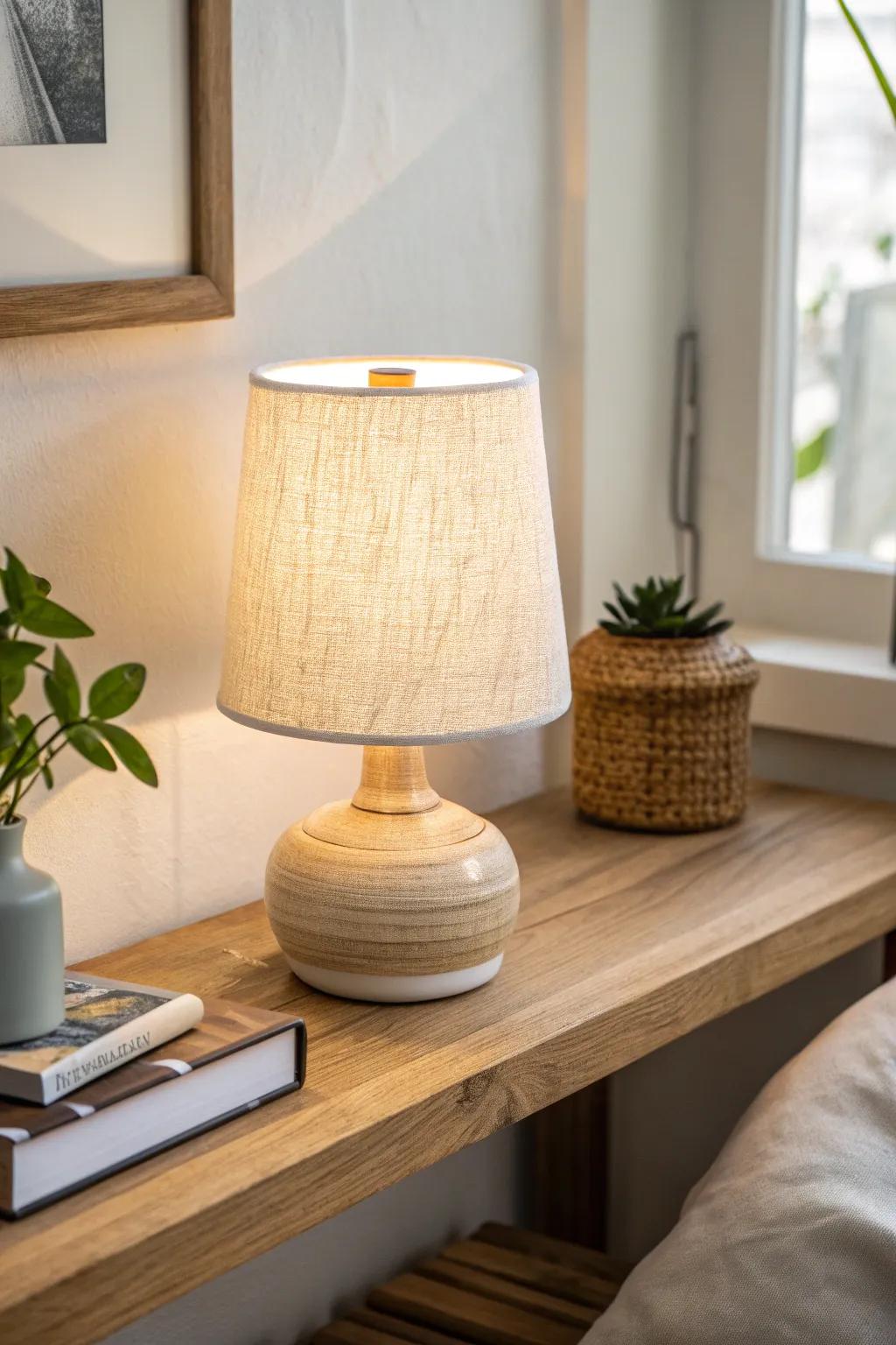 A tiny shelf lamp adds layered glow and cozy warmth—no floor clutter, just intentional style.
