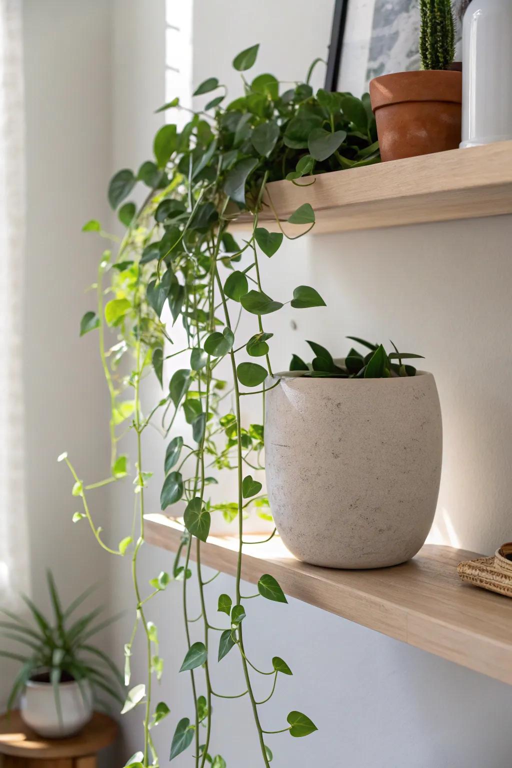 Let a single trailing vine spill from a floating shelf to soften your desk’s clean lines.