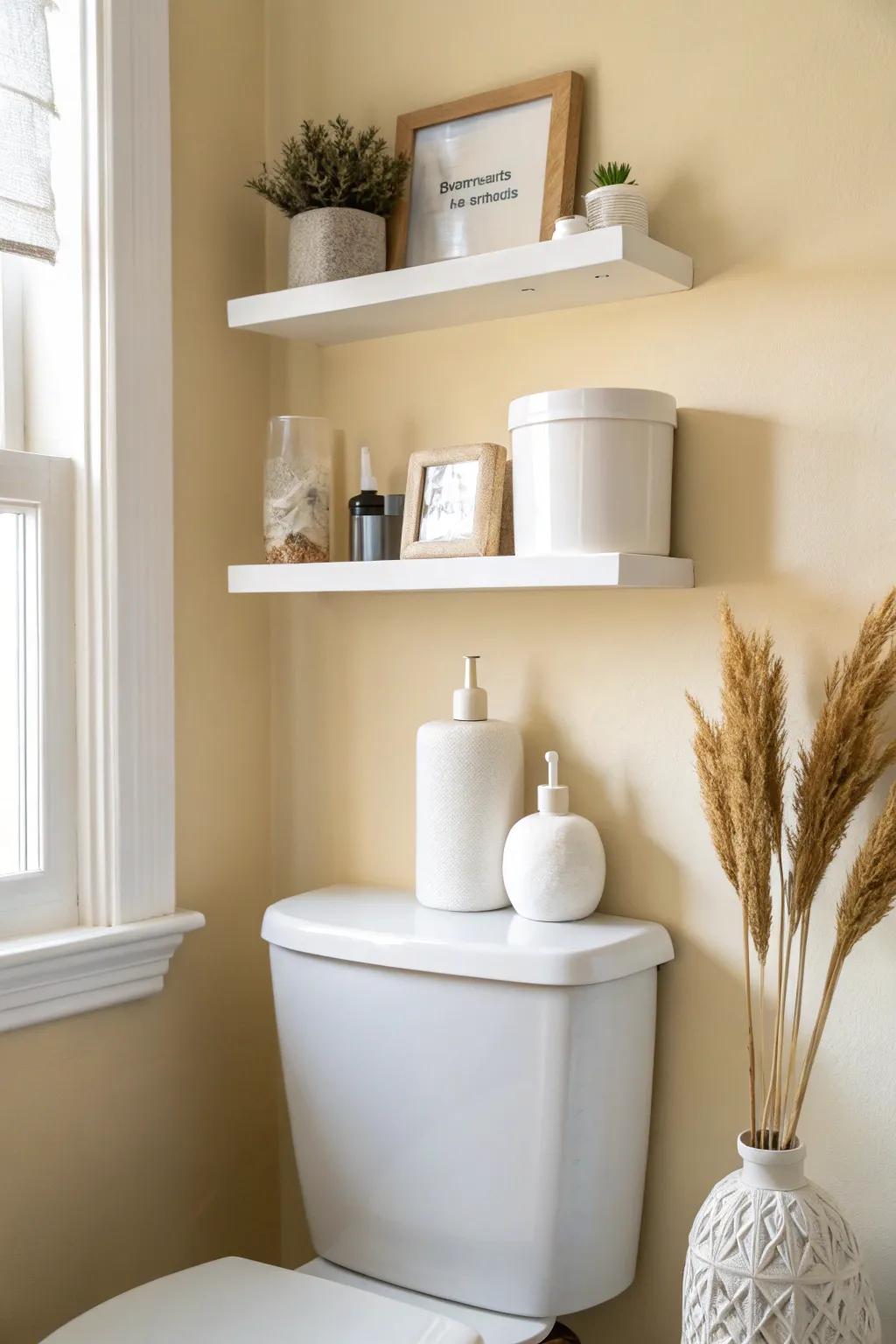 Bright white floating shelves above the toilet to bounce light and keep the look clean.