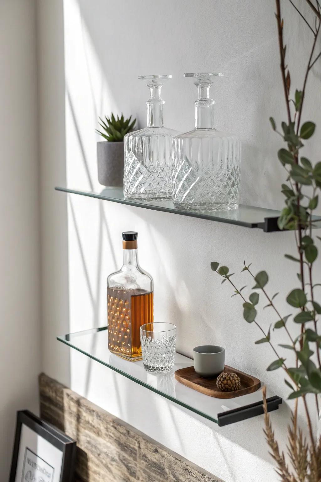 Sleek glass floating shelf bar: an airy, weightless display that keeps small spaces light.