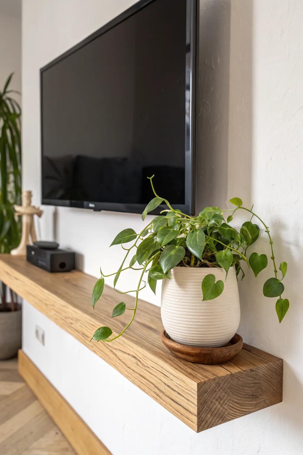 One slim floating shelf with trailing greenery softens the TV wall—minimal, cozy, alive.