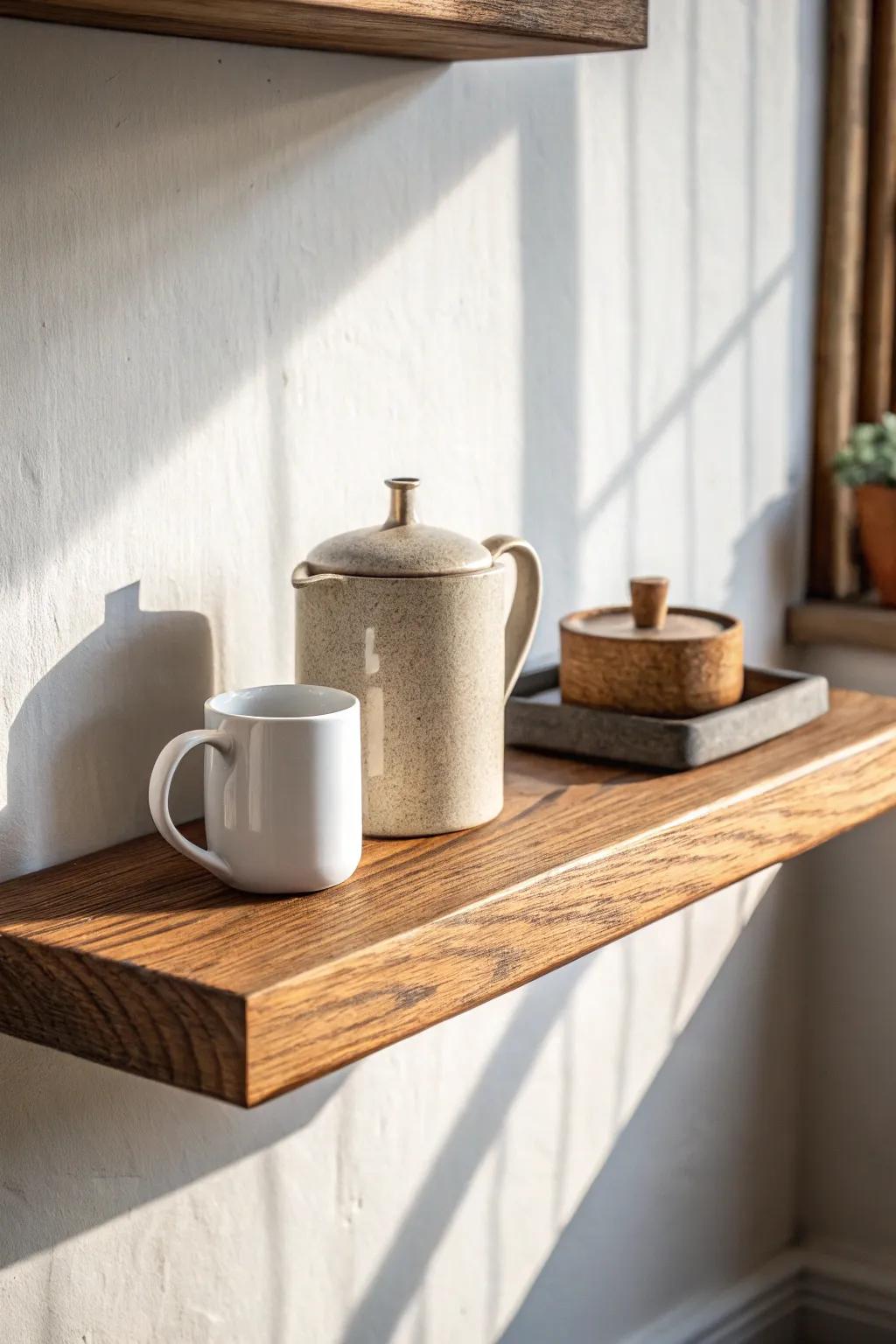 A single floating shelf above your coffee station keeps mugs handy and counters beautifully clear.