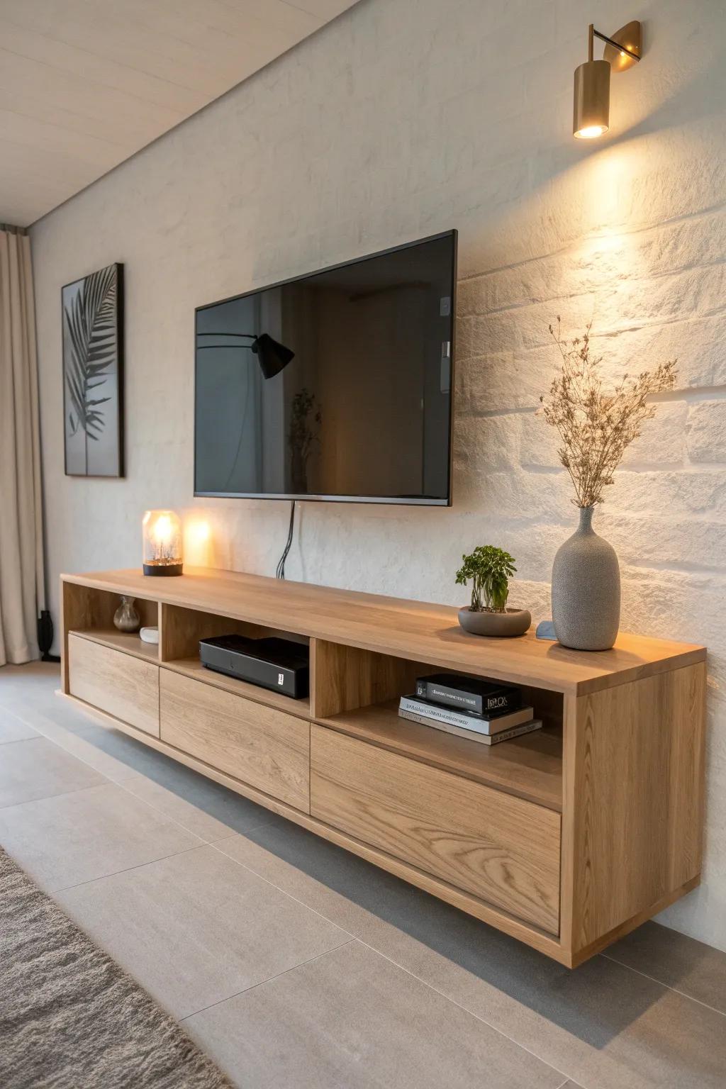 A cord-free floating TV stand with a hidden cable channel for a sleek, high-end wall look.