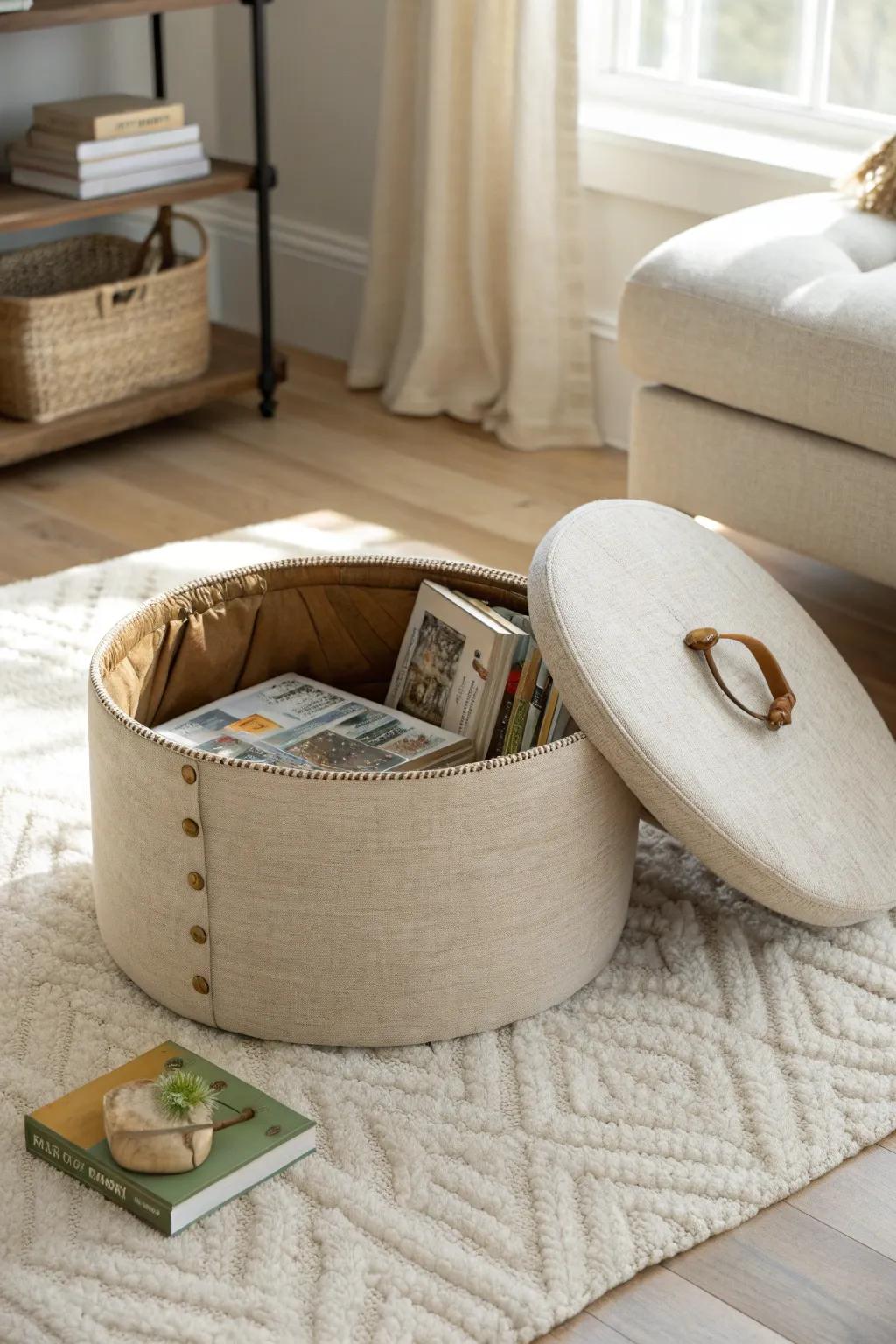 A chic storage ottoman doubles as floor seating—and hides throws and game-night clutter.