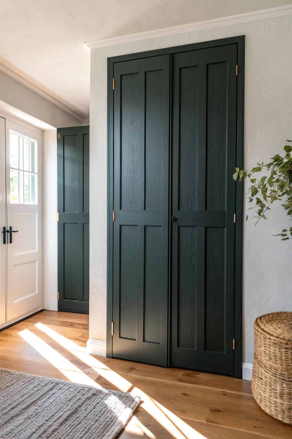 Moody paint turns basic folding doors into a chic, custom-looking upgrade on a budget.