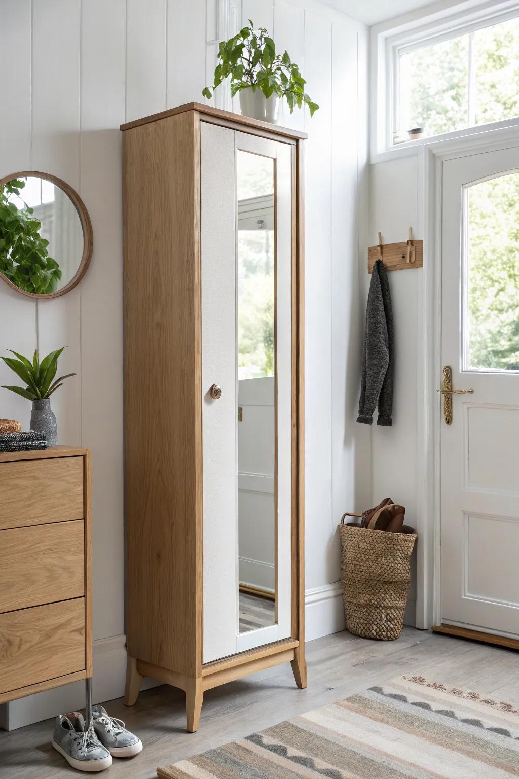 A mirror-front shallow cabinet hides shoes by the door while brightening a tiny entry.