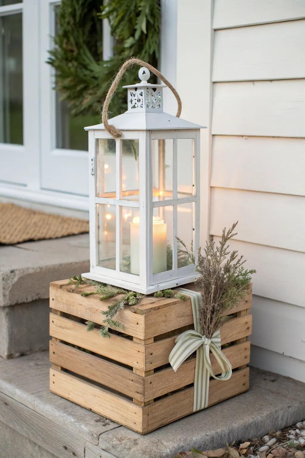 Stacked crates give your porch lantern instant height—no table needed, just airy vertical charm.