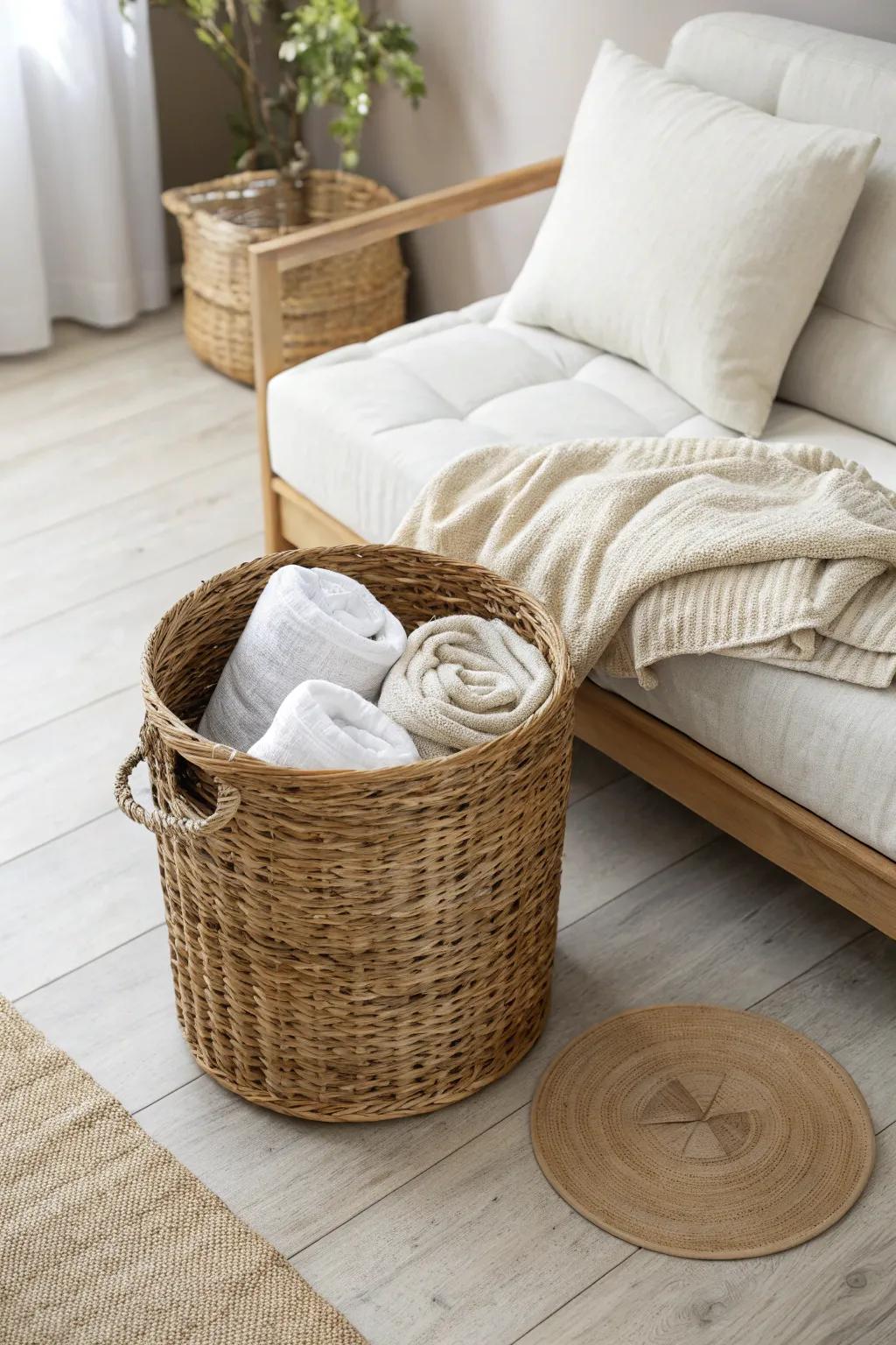 Keep guest bedding tidy in one lidded basket beside the futon—beautiful, simple, space-saving.