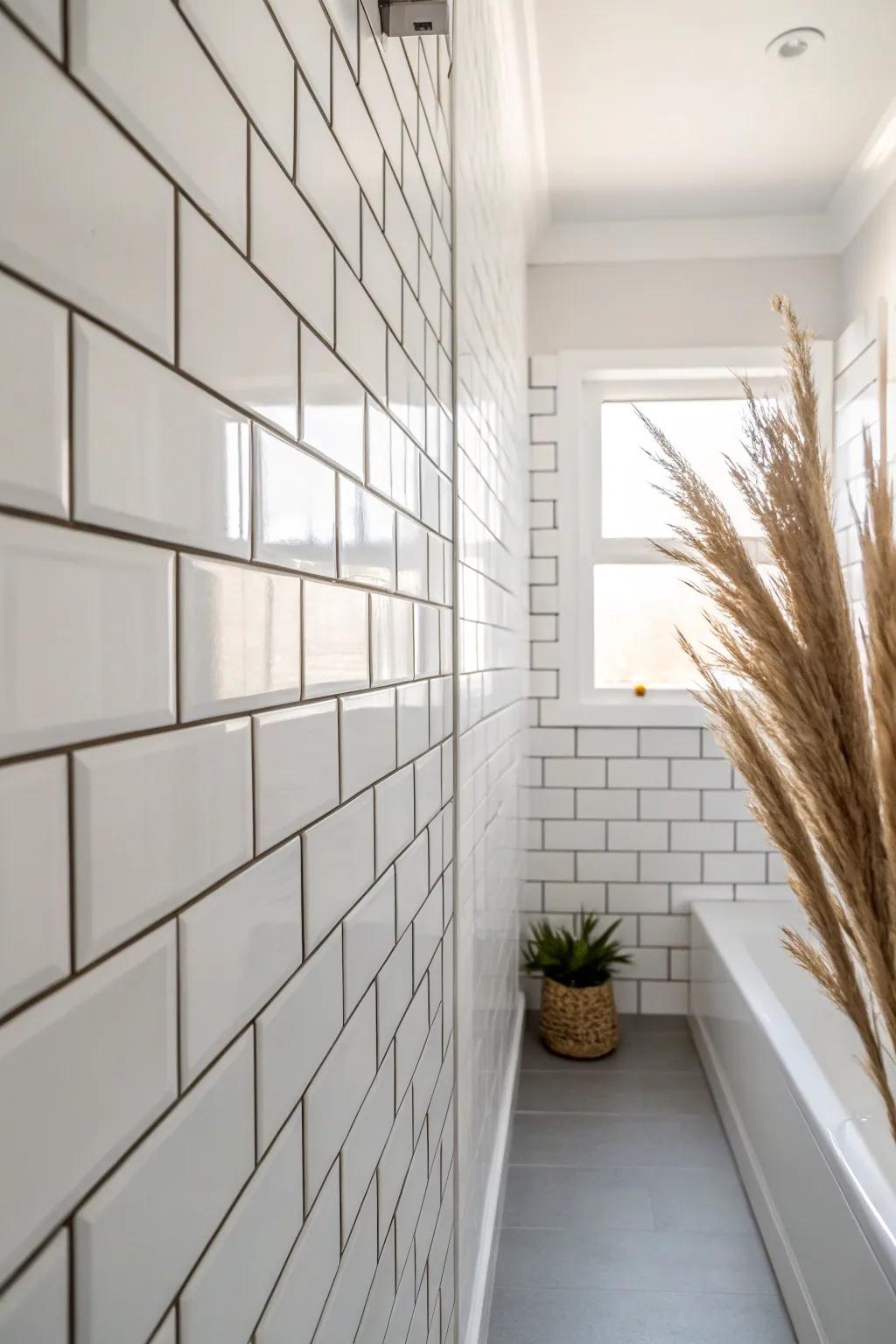 Vertical stacked tile makes a slim galley bath feel taller—simple, bright, and elegant.