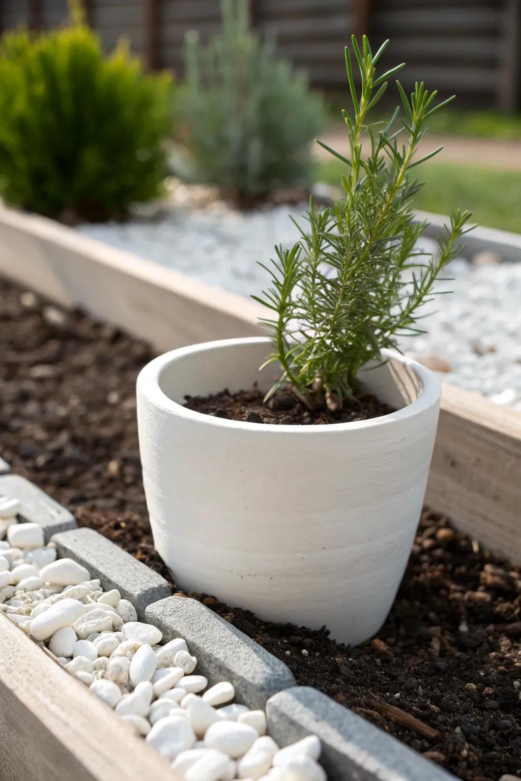 Tuck one beautiful pot into your bed to add structure and solve tricky soil in tiny gardens.