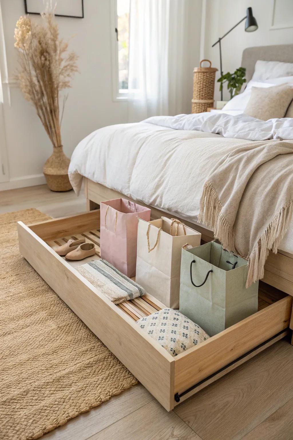 Store oversized gift bags flat in a low under-bed bin—hidden, protected, and easy to grab.