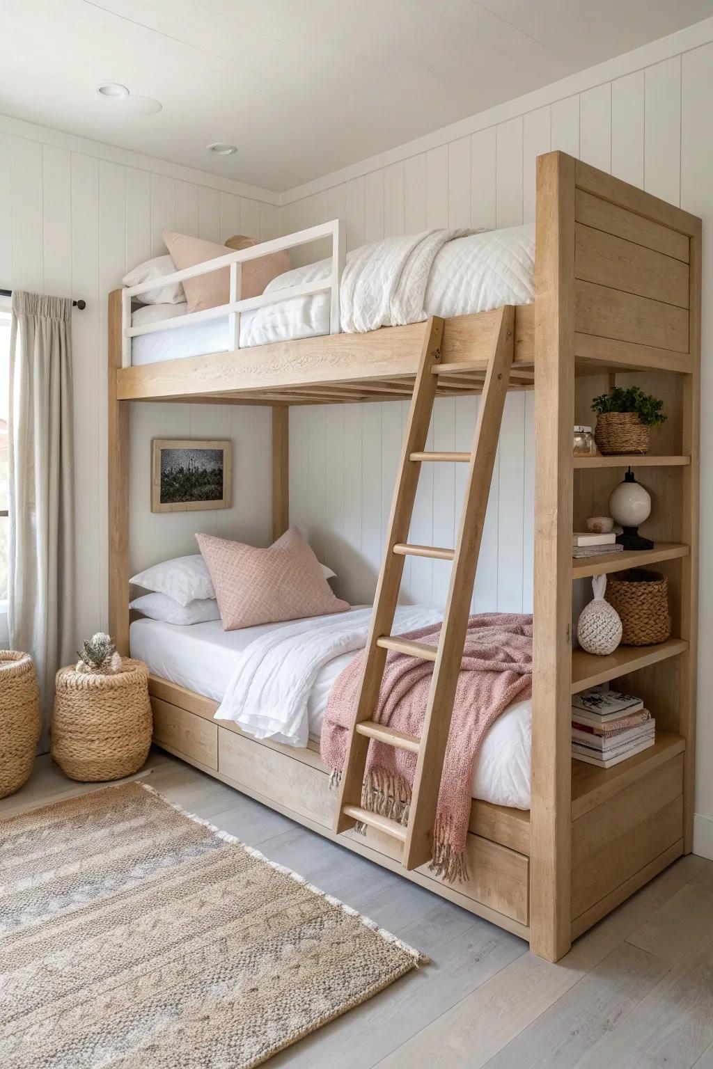 Built-in bunks that read like architecture—clean lines, cubbies, and clutter-free calm.