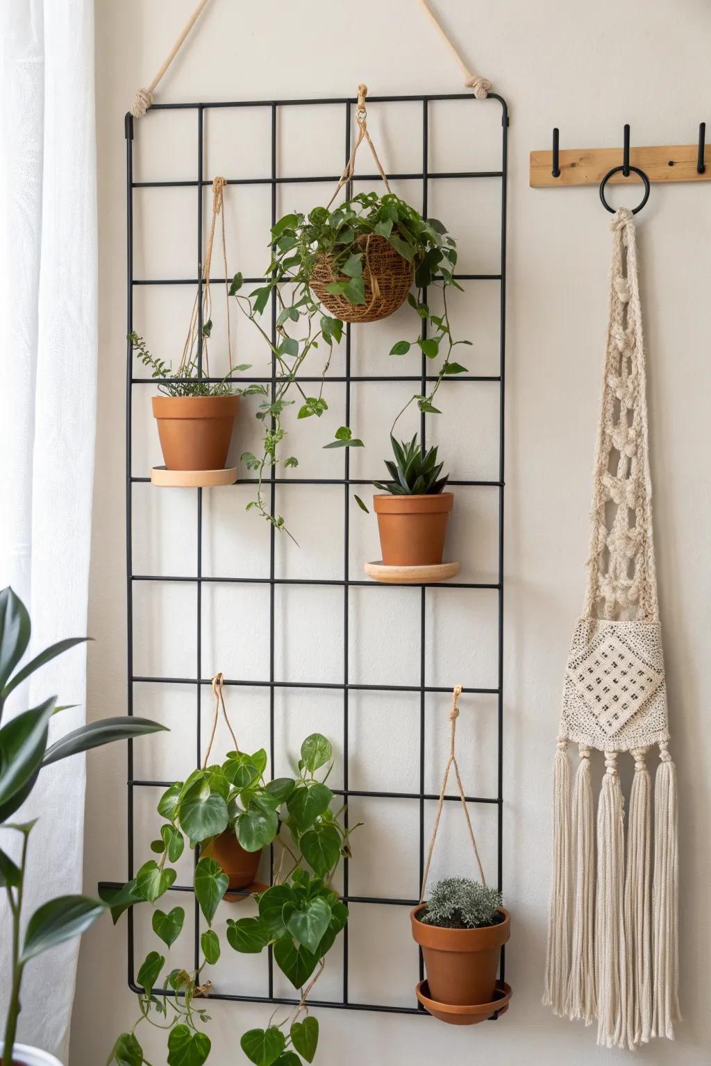 Plant-styled grid wall: tiny shelves + hanging planters to bring life to small corners.